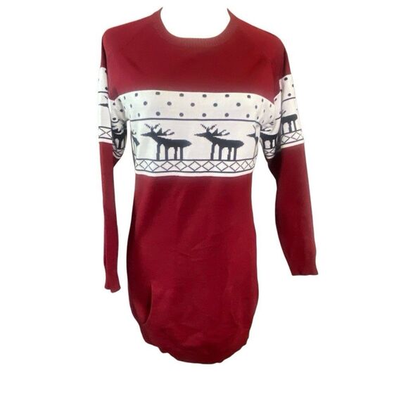Reindeer Sweater Tunic Women Large Red Fair Isle Cozy Holiday - Picture 1 of 5